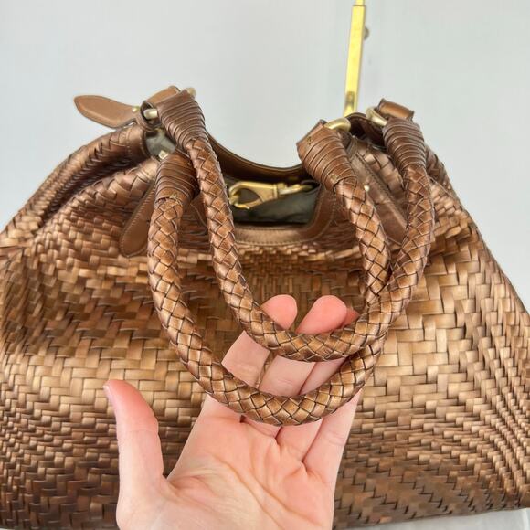 Cole Haan Genevieve Weave Brown Metallic Gold Leather Large Shoulder Bag - Picture 10 of 16